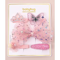 Babyhug Bow & Butterfly Clips With Floral And Butterfly Apptique  Free Size Pack of 5 - Pink
