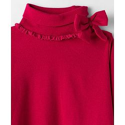 Babyhug Cotton Elastane Knit Full Sleeves Turtle Neck Winter T-Shirt with Bow Applique - Dark Red