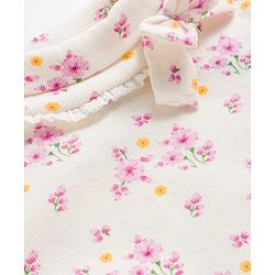 Babyhug Cotton Elastane Knit Full Sleeves Turtle Neck Winter T-Shirt With Floral Print & Bow Applique - White