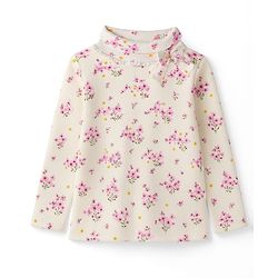 Babyhug Cotton Elastane Knit Full Sleeves Turtle Neck Winter T-Shirt With Floral Print & Bow Applique - White