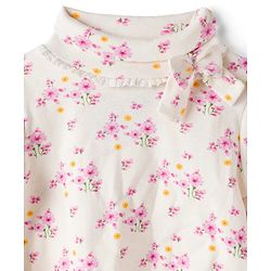Babyhug Cotton Elastane Knit Full Sleeves Turtle Neck Winter T-Shirt With Floral Print & Bow Applique - White