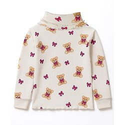 Babyhug Knitted Full Sleeves Turtle Neck Winter T-Shirt With Teddy Bear Print - Beige