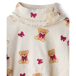 Babyhug Knitted Full Sleeves Turtle Neck Winter T-Shirt With Teddy Bear Print - Beige