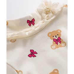 Babyhug Knitted Full Sleeves Turtle Neck Winter T-Shirt With Teddy Bear Print - Beige