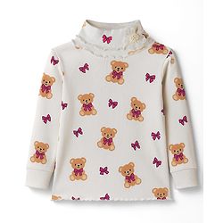 Babyhug Knitted Full Sleeves Turtle Neck Winter T-Shirt With Teddy Bear Print - Beige