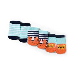 Cute Walk by Babyhug Knit Ankle Length Antibacterial Socks With Stripes & Animal Design Pack Of 3 - Light Blue & Orange