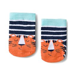 Cute Walk by Babyhug Knit Ankle Length Antibacterial Socks With Stripes & Animal Design Pack Of 3 - Light Blue & Orange