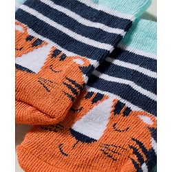 Cute Walk by Babyhug Knit Ankle Length Antibacterial Socks With Stripes & Animal Design Pack Of 3 - Light Blue & Orange