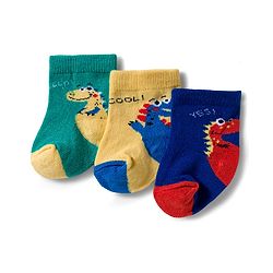 Cute Walk by Babyhug Knit Ankle Length Antibacterial Socks With Dino Print Pack Of 3 - Navy Blue & Yellow
