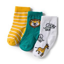 Cute Walk by Babyhug Knit Ankle Length Antibacterial Socks With Animal Print Pack Of 3 - Green & Yellow