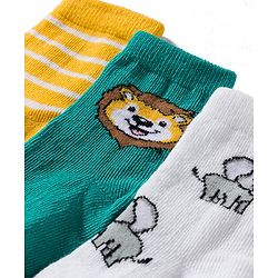 Cute Walk by Babyhug Knit Ankle Length Antibacterial Socks With Animal Print Pack Of 3 - Green & Yellow