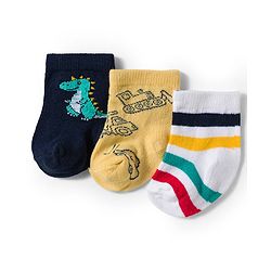 Cute Walk by Babyhug Knit Ankle Length Antibacterial Socks With Dino & Vehicle Print Pack Of 3 - Yellow & White