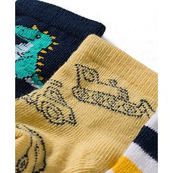 Cute Walk by Babyhug Knit Ankle Length Antibacterial Socks With Dino & Vehicle Print Pack Of 3 - Yellow & White