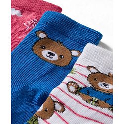 Cute Walk by Babyhug Knit Ankle Length Anti Bacterial Socks With Animal Design Pack Of 3 - White Blue & Dark Pink