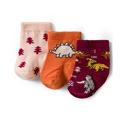 Cute Walk by Babyhug Knit Ankle Length Antibacterial Socks With Dino Design Pack Of 3 - Maroon Orange & Peach