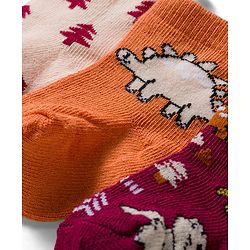 Cute Walk by Babyhug Knit Ankle Length Antibacterial Socks With Dino Design Pack Of 3 - Maroon Orange & Peach