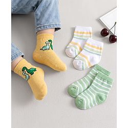 Cute Walk by Babyhug Knit Ankle Length Antibacterial Socks With Dino Design Pack Of 3 - Light Green White & Yellow