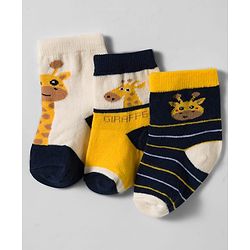 Cute Walk by Babyhug Knit Ankle Length Antibacterial Socks With Animal Design Pack Of 3 - Yellow
