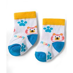 Cute Walk by Babyhug Knit Ankle Length Antibacterial Socks With Stripe & Animal Design Pack Of 3 - Blue White & Yellow