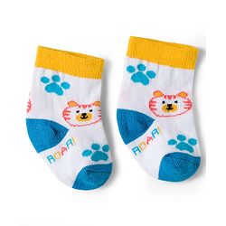 Cute Walk by Babyhug Knit Ankle Length Antibacterial Socks With Stripe & Animal Design Pack Of 3 - Blue White & Yellow