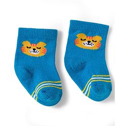 Cute Walk by Babyhug Knit Ankle Length Antibacterial Socks With Stripe & Animal Design Pack Of 3 - Blue White & Yellow