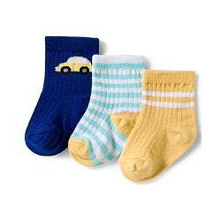 Cute Walk by Babyhug Knit Ankle Length Antibacterial Socks With Stripe & Vehicle Design Pack Of 3 - Navy Blue Light Blue & Yellow
