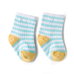 Cute Walk by Babyhug Knit Ankle Length Antibacterial Socks With Stripe & Vehicle Design Pack Of 3 - Navy Blue Light Blue & Yellow