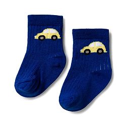 Cute Walk by Babyhug Knit Ankle Length Antibacterial Socks With Stripe & Vehicle Design Pack Of 3 - Navy Blue Light Blue & Yellow