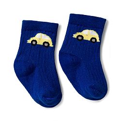 Cute Walk by Babyhug Knit Ankle Length Antibacterial Socks With Stripe & Vehicle Design Pack Of 3 - Navy Blue Light Blue & Yellow