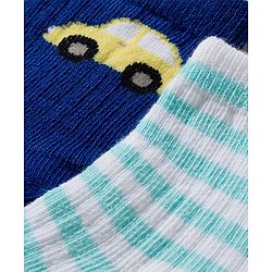 Cute Walk by Babyhug Knit Ankle Length Antibacterial Socks With Stripe & Vehicle Design Pack Of 3 - Navy Blue Light Blue & Yellow