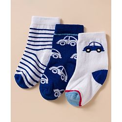 Cute Walk by Babyhug Knit Ankle Length Antibacterial Socks With Stripes & Vehicle Print Pack Of 3 - Blue & White