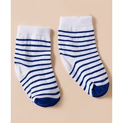 Cute Walk by Babyhug Knit Ankle Length Antibacterial Socks With Stripes & Vehicle Print Pack Of 3 - Blue & White