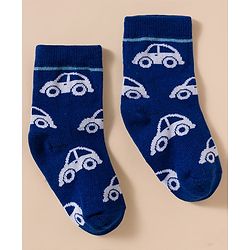 Cute Walk by Babyhug Knit Ankle Length Antibacterial Socks With Stripes & Vehicle Print Pack Of 3 - Blue & White