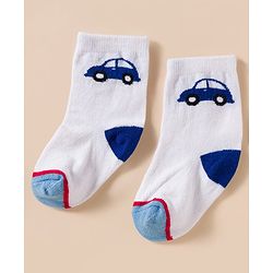 Cute Walk by Babyhug Knit Ankle Length Antibacterial Socks With Stripes & Vehicle Print Pack Of 3 - Blue & White