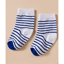 Cute Walk by Babyhug Knit Ankle Length Antibacterial Socks With Stripes & Vehicle Print Pack Of 3 - Blue & White