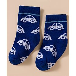 Cute Walk by Babyhug Knit Ankle Length Antibacterial Socks With Stripes & Vehicle Print Pack Of 3 - Blue & White
