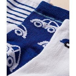 Cute Walk by Babyhug Knit Ankle Length Antibacterial Socks With Stripes & Vehicle Print Pack Of 3 - Blue & White