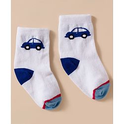 Cute Walk by Babyhug Knit Ankle Length Antibacterial Socks With Stripes & Vehicle Print Pack Of 3 - Blue & White