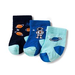 Cute Walk by Babyhug Knit Ankle Length Antibacterial Socks With Space Design Pack Of 3 - Navy Blue & Light Blue