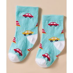 Cute Walk by Babyhug Knit Ankle Length Antibacterial Socks With Stripes & Vehicle Print Pack Of 3 - Blue & Light Blue