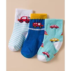 Cute Walk by Babyhug Knit Ankle Length Antibacterial Socks With Stripes & Vehicle Print Pack Of 3 - Blue & Light Blue