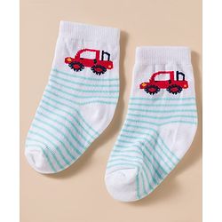 Cute Walk by Babyhug Knit Ankle Length Antibacterial Socks With Stripes & Vehicle Print Pack Of 3 - Blue & Light Blue