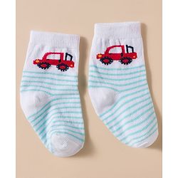 Cute Walk by Babyhug Knit Ankle Length Antibacterial Socks With Stripes & Vehicle Print Pack Of 3 - Blue & Light Blue