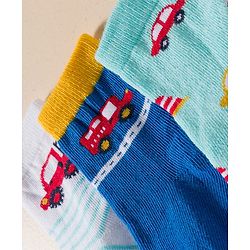 Cute Walk by Babyhug Knit Ankle Length Antibacterial Socks With Stripes & Vehicle Print Pack Of 3 - Blue & Light Blue