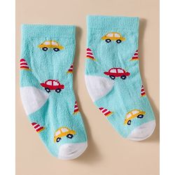 Cute Walk by Babyhug Knit Ankle Length Antibacterial Socks With Stripes & Vehicle Print Pack Of 3 - Blue & Light Blue