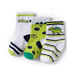 Cute Walk by Babyhug Knit Ankle Length Antibacterial Socks With Stripes & Animal Print Pack Of 3 - Limegreen & White