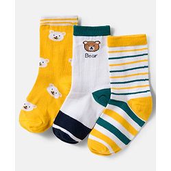 Cute Walk by Babyhug Knit Ankle Length Antibacterial Socks With Stripes & Bear Design Pack Of 3 - Yellow & White