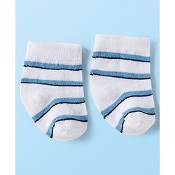 Cute Walk by Babyhug Knit Ankle Length Antibacterial Socks With Vehicle & Stripes Design Pack Of 3 - White & Blue
