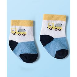 Cute Walk by Babyhug Knit Ankle Length Antibacterial Socks With Vehicle & Stripes Design Pack Of 3 - White & Blue