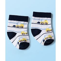 Cute Walk by Babyhug Knit Ankle Length Antibacterial Socks With Vehicle & Stripes Design Pack Of 3 - White & Blue